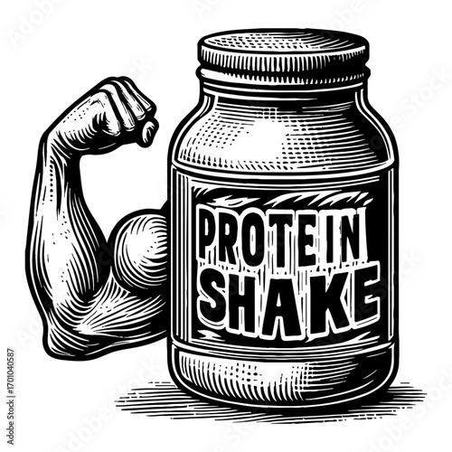 Strong Muscled Arm Flexing Beside Protein Shake Jar Black and White Outline Line Art Drawing