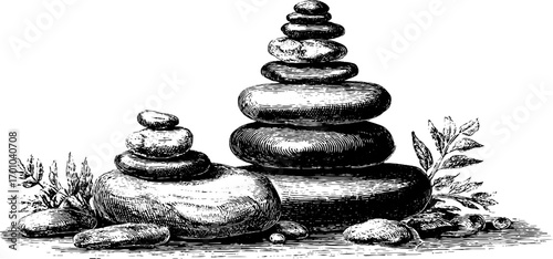 Vintage engraving style illustration of balanced stone cairns with natural foliage