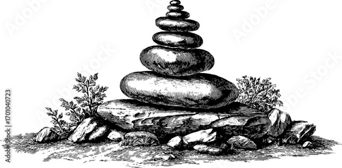 Zen rock cairn vintage engraving style for tranquil meditation design