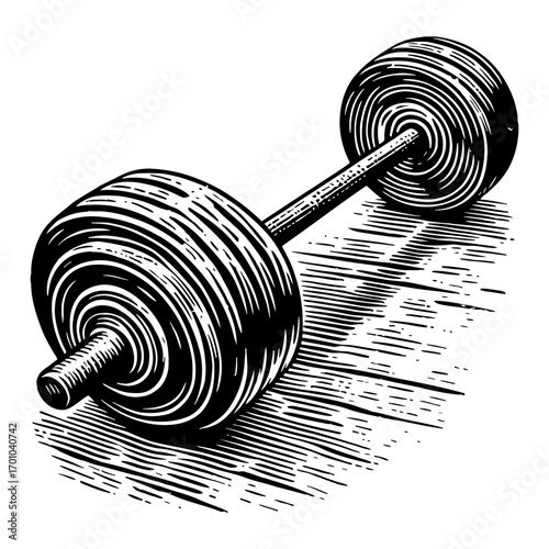 Retro Barbell Weightlifting Exercise Equipment with Detailed Shading Black and White Outline Line Art Drawing