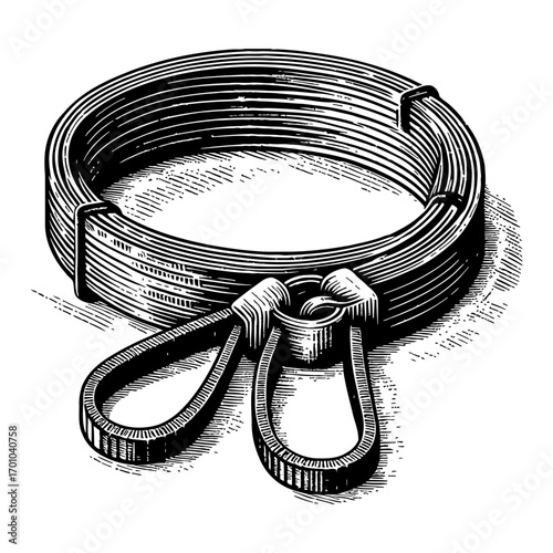 Detailed Black and White Outline Line Art Drawing of a Coiled Strap with Loop and Fastener Vintage Style Isolated