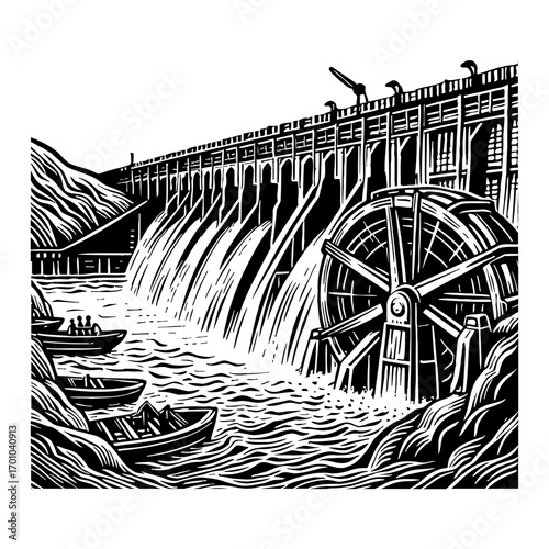 Hydroelectric Dam Water Wheel Boats River Mountain Scenic View Black and White Outline Line Art Drawing