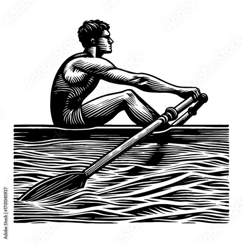 Man Rowing Boat on Water in Profile View Black and White Outline Line Art Drawing Vintage Engraving Style