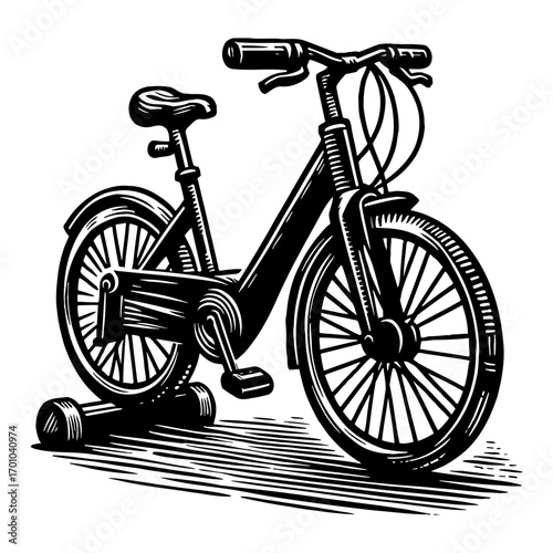 Bicycle on Trainer Stationary Bike Vintage Engraved Style Hand Drawn Black and White Outline Line Art Drawing Isolated Object
