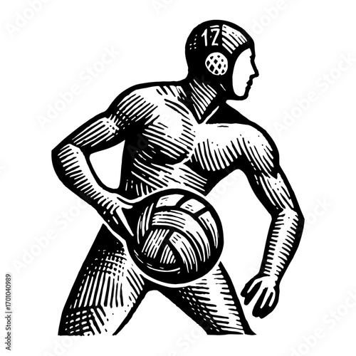 Athlete Playing Water Polo Holding Ball in Dynamic Pose Black and White Outline Line Art Drawing