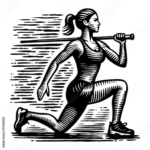 Strong Woman Performing Lunge Exercise Holding Bar Black and White Outline Line Art Drawing Fitness Workout