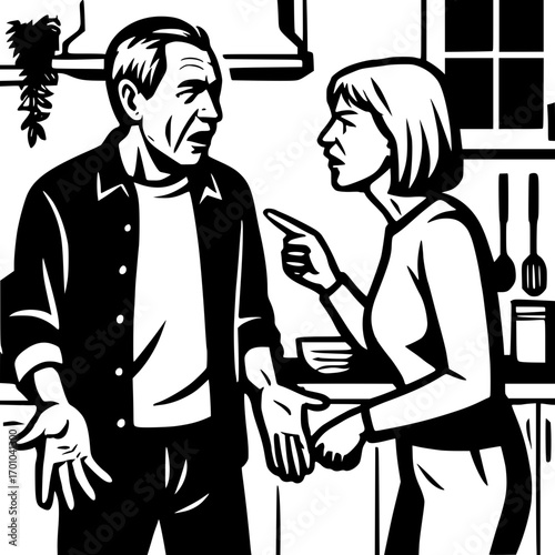 Couple arguing in kitchen, conflict and frustration concept