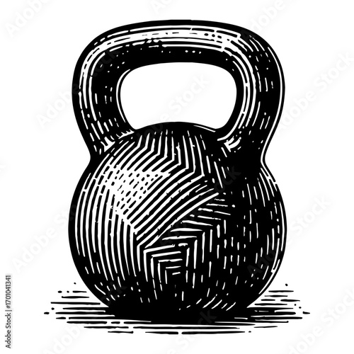 Heavy Kettlebell Weight Lifting Fitness Equipment Black and White Outline Line Art Drawing Vector
