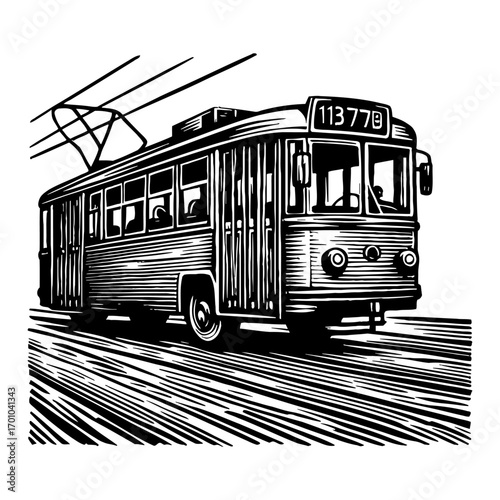 Vintage City Tram Transport Vehicle Black and White Outline Line Art Drawing with Motion Engraving Style