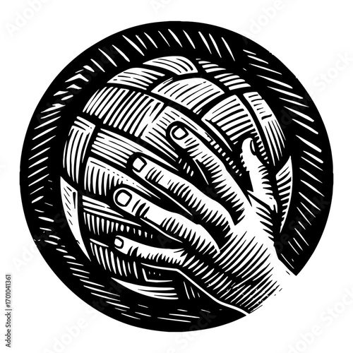 Hand Gripping a Sport Ball Vintage Black and White Outline Line Art Drawing Illustration Style