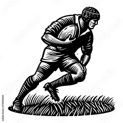 Dynamic Rugby Player Running with Oval Ball Wearing Scrum Cap Black and White Outline Line Art Drawing