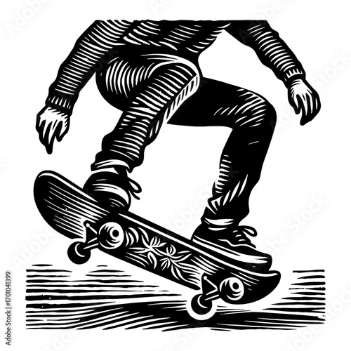Skateboarder Doing a Trick with Board in Dynamic Black and White Outline Line Art Drawing Style