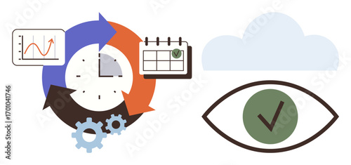 Clock with arrows, calendar, graph, cloud, and eye with check mark emphasizing tracking, productivity, scheduling, goal setting workflow organization reliable success. Ideal for time management