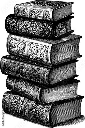 Vintage hand-drawn engraving of a stack of antique books for retro design