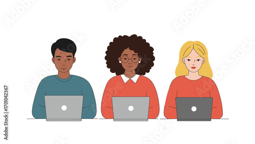 Flat vector illustration of three diverse adults working on laptops, representing remote work, teamwork and online collaboration.