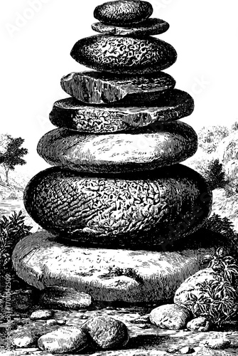 Vintage engraving style illustration of stacked stones in nature setting