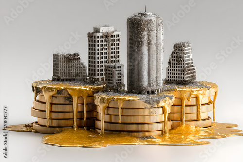 3D Illustration - City on Melting Gold Coins Finance, Investment, Economy, Wealth, Money, Gold, Buildings, Urban Decay, Financial Crisis