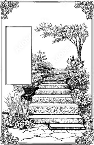 Vintage hand-drawn engraving of a scenic garden stairway with ornate details