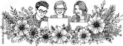 Vintage engraving style illustration of startup team collaboration with floral design
