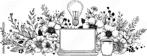 Vintage engraving of modern startup concept with laptop and floral elements for creative designs