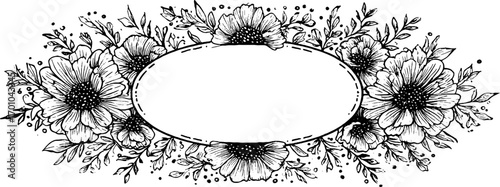 Vintage hand-drawn floral frame design in engraving style for artistic decor