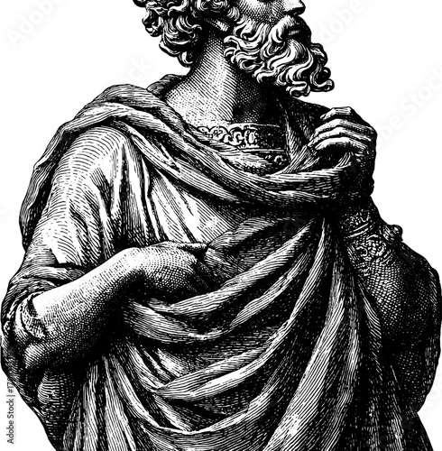 Vintage engraving style illustration of classical statue in detailed silhouette