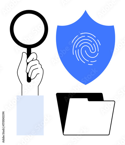 Hand holding magnifying glass, blue shield with fingerprint, and open folder emphasizing investigation, cyber safety, and information protection. Ideal for security, privacy, analytics, compliance