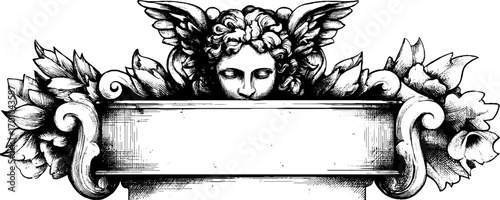 Ornate baroque stone bas-relief with winged cherub vintage engraving for decorative design