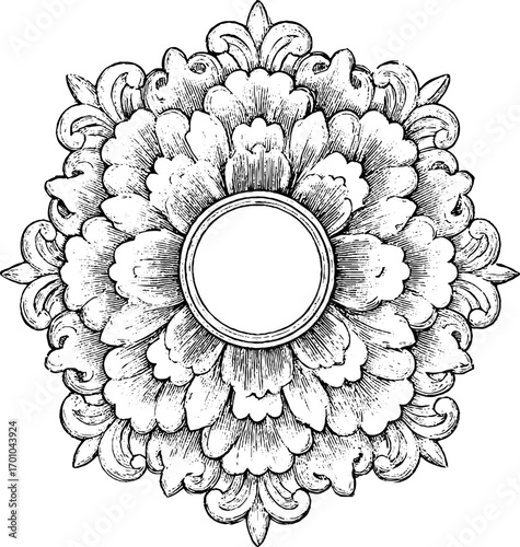 Ornate floral rosette in vintage engraving style for decorative design