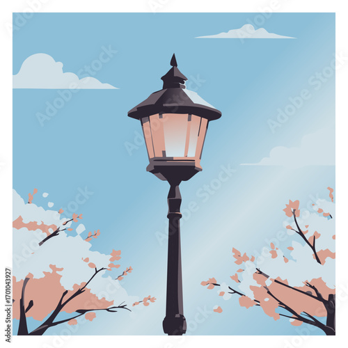 Old Fashioned Street lamp Chrry Blossom 2 Illustration