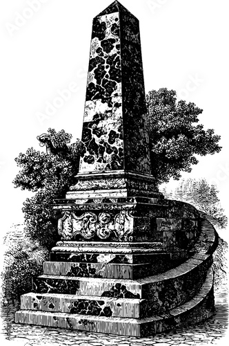 Vintage engraving style of stone obelisk with ornate base and surrounding foliage