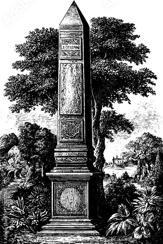 Vintage engraving style illustration of stone monument in nature setting