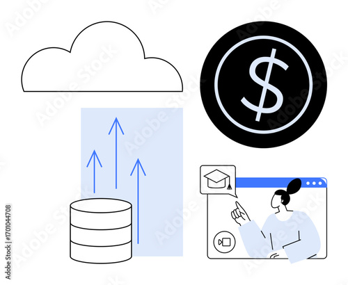 Girl attending remote class, cloud symbol, growth arrows, financial dollar sign. Ideal for finance, e-learning, cloud tech, growth strategy, investment planning online business simple flat metaphor