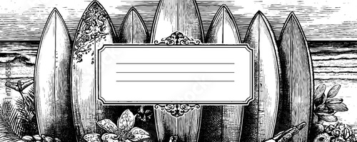 Vintage engraving style surfboard illustration for retro design