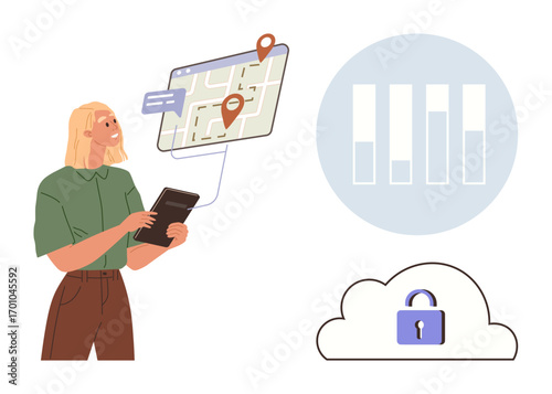Woman holding a tablet with a map and location pins, vertical graph in circle, cloud with padlock. Ideal for technology, navigation, analytics, data security, mobile apps, tech training smart