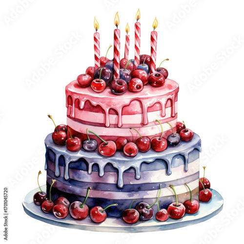 A watercolor illustration of a two-tiered birthday cake decorated with cherries and lit candles on a transparent background. Concept of: Celebratory treats. Watercolor illustration. Clipart PNG