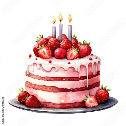 A delightful watercolor painting shows a strawberry cake with candles on a transparent background.
Concept of: Sweet celebration. Watercolor illustration. Clipart PNG