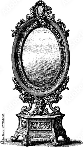 Antique ornate tall mirror in vintage engraving style for retro design projects