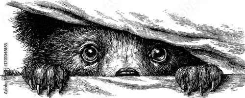 Curious teddy bear peeking from blanket in vintage engraving style for retro design