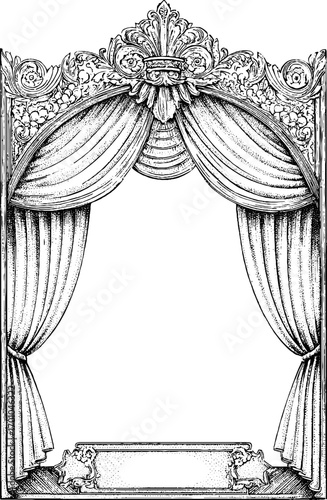 Vintage theatre curtain design in engraving style for artistic prints