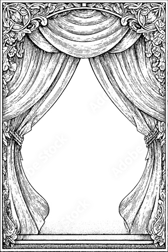 Vintage engraving style theatre illustration with ornate curtain design for artistic projects