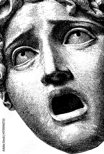 Dramatic theatrical expression in vintage engraving style for art design
