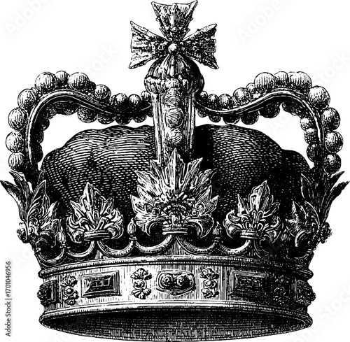 Vintage engraving style tiara illustration for royalty design and decoration