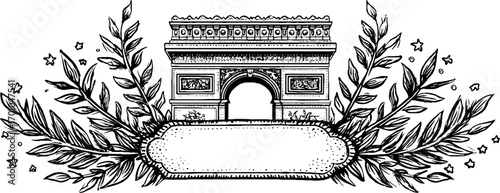 Vintage engraving of triumphal arch with ornate laurel leaves design