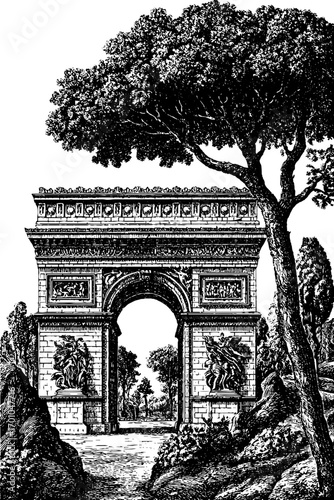 Vintage engraving style illustration of triumphal arch with surrounding trees