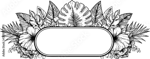 Vintage engraving style illustration of a decorative floral label design with tropical leaves