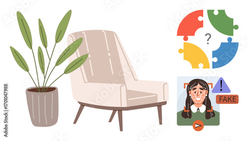 Mid-century modern armchair next to a potted plant, colorful puzzle pieces with a question mark, and a deepfake warning. Ideal for information, identity, investigation, technology, deception