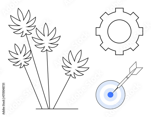 Cannabis leaves with target and arrow alongside a gear represent productivity, focus, goals, teamwork, agriculture, innovation, and efficiency. Ideal for creativity, strategy and a simple flat