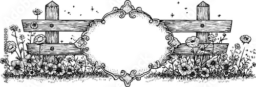 Vintage engraving style illustration of rustic village scene with floral frame design