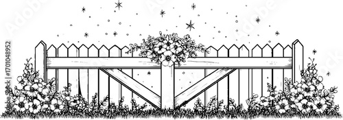 Vintage engraving style illustration of idyllic village scene with wooden fence and flowers